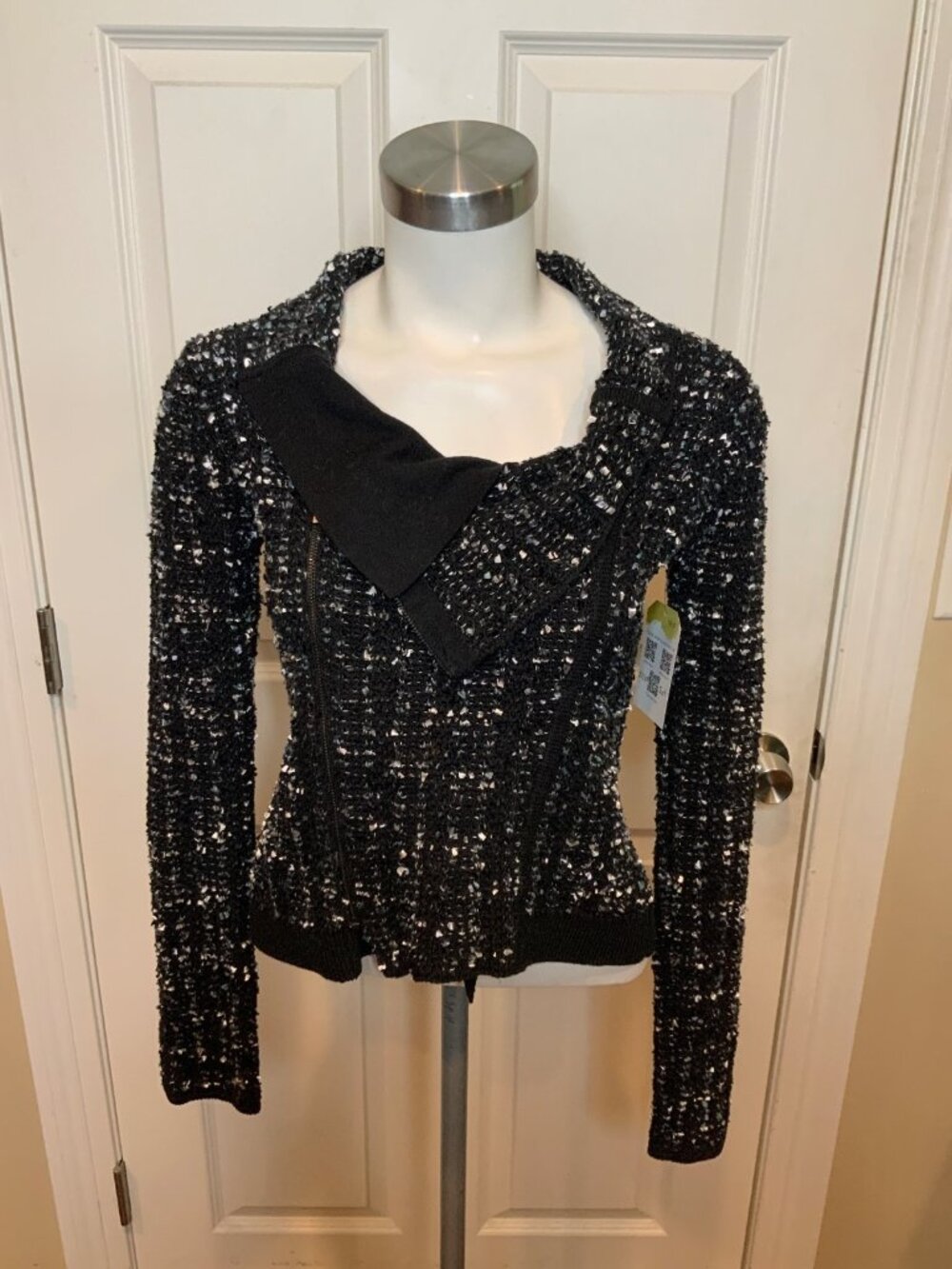 BCBG Reeve Black White Tweed Asymmetircal  Zip-Up Jacket, Size XS